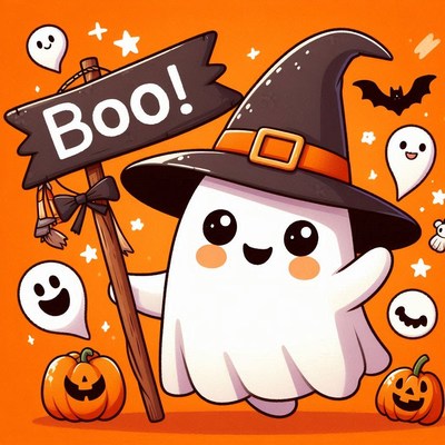 Ghost in a witch hat holds a boo! sign!