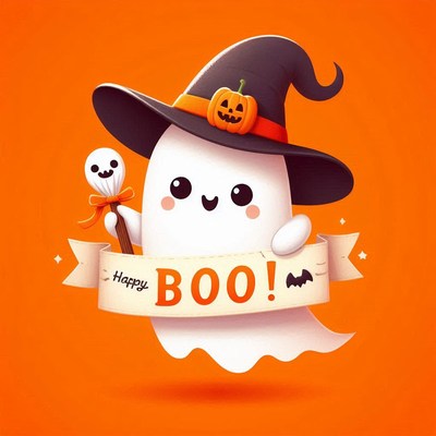Cute ghost in a witch hat says happy boo!