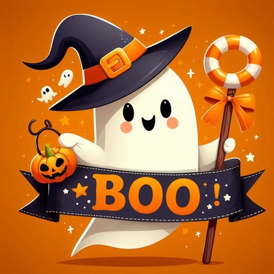 A friendly ghost in a witch hat holds a candy cane