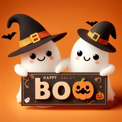 Two ghosts in witch hats hold a sign that says boo