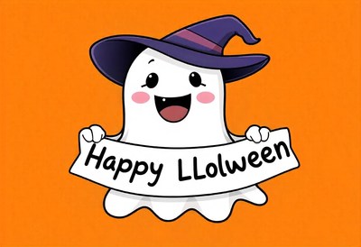 A cheerful ghost in a witch hat says happy halloween!