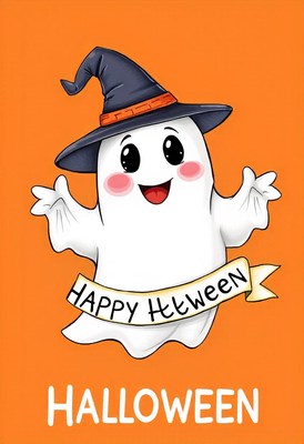 A ghost in a witch hat wishes happy halloween!