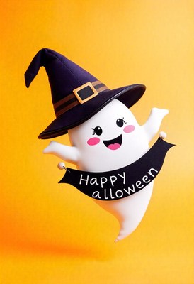 Happy ghost in a witch hat holds 'happy halloween' banner