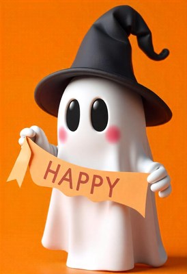 A ghost in a witch hat holds a happy banner