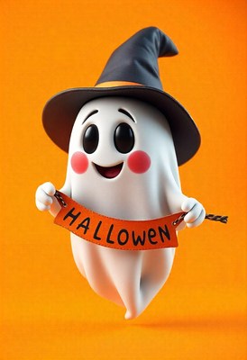 A friendly ghost in a hat holds a halloween banner