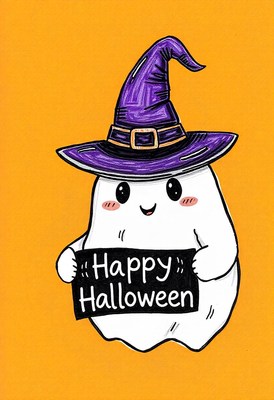 A cute ghost in a witch hat says happy halloween!