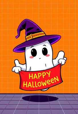 A ghost in a witch hat says happy halloween!
