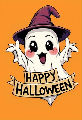 Cute ghost in a witch hat says happy halloween!