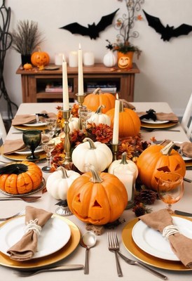 A festive halloween table setting with pumpkins and candles