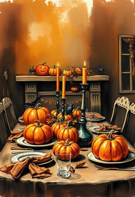 A spooky halloween table setting with pumpkins and candles