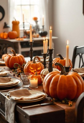 A festive halloween table setting with pumpkins and candles