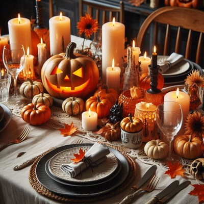 Halloween table with pumpkins and candles