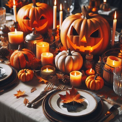 A festive halloween table setting with pumpkins and candles