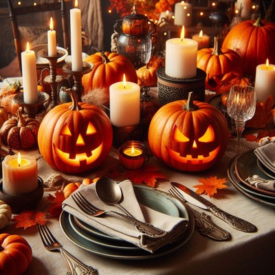 Halloween table with candles and jack-o'-lanterns