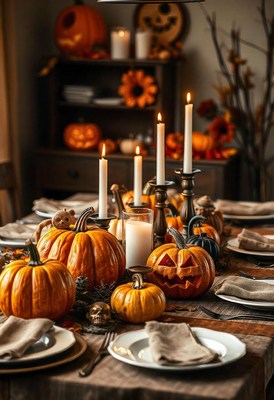 A wooden table is set for a halloween dinner