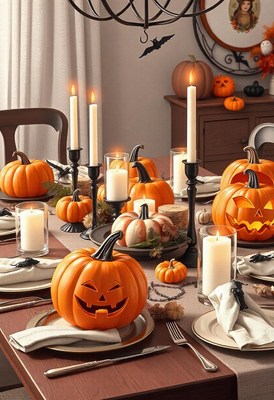 A spooky halloween table setting with candles and pumpkins