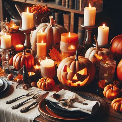 A halloween table setting with pumpkins and candles