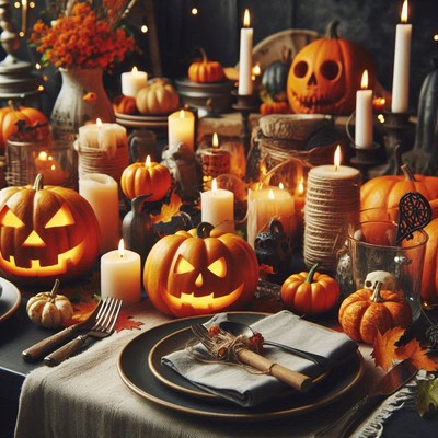 Spooky halloween table with candles and pumpkins