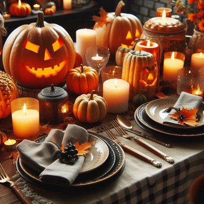 A festive halloween table setting with pumpkins and candles