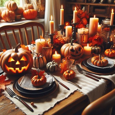 A halloween table setting with pumpkins and candles