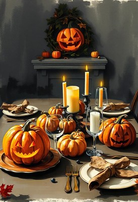 A halloween table setting with pumpkins and candles