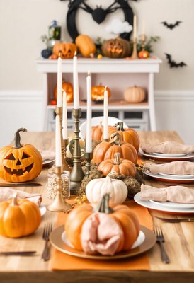 Halloween table with pumpkins, candles, and settings