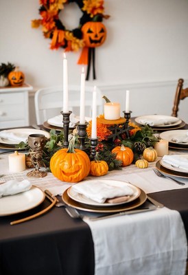 Spooky halloween table with pumpkins and candles