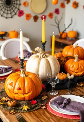 A close-up view of a table set for a halloween dinner