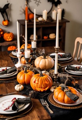 A festive halloween table setting with pumpkins and candles