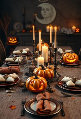 A spooky halloween table setting with pumpkins and candles