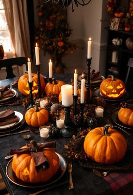 A spooky halloween table setting with pumpkins and candles
