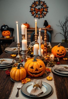 Spooky halloween table with pumpkins and candles