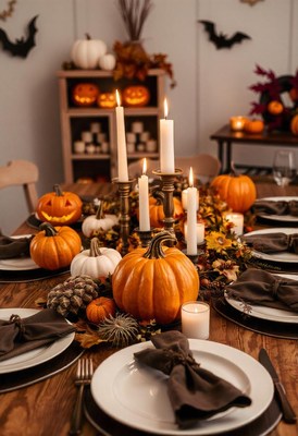 A rustic halloween table setting with pumpkins and candles