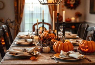 A table setting with pumpkins and candles for a fall dinner