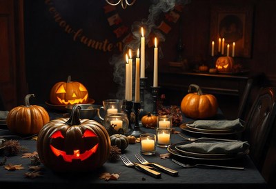 A dark, intimate table setting for halloween dinner