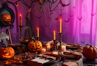 A spooky halloween table setting with candles and pumpkins
