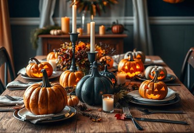 A halloween table setting with pumpkins and candles