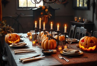 A long, wooden table is set for a halloween dinner