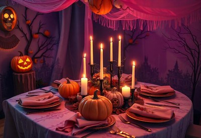 Spooky halloween table with candles and pumpkins