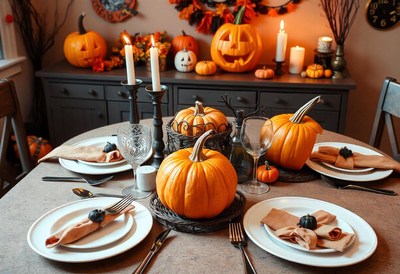 A festive halloween table setting with pumpkins and candles