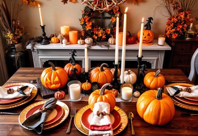 A halloween table setting with pumpkins and candles