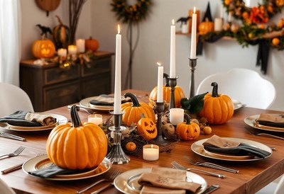A festive halloween table setting with pumpkins and candles
