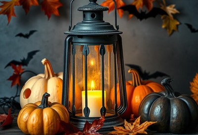 A lit lantern sits among pumpkins and fall leaves