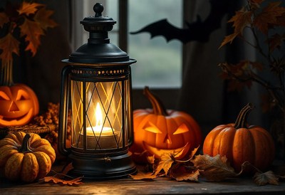 A lantern illuminates pumpkins and leaves on a table