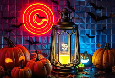 A glowing lantern sits among pumpkins and bats