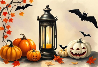 A lantern illuminates pumpkins and bats on a fall evening