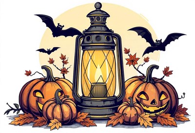 Lantern among pumpkins and bats for halloween