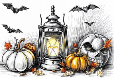 A lit lantern sits beside pumpkins and bats