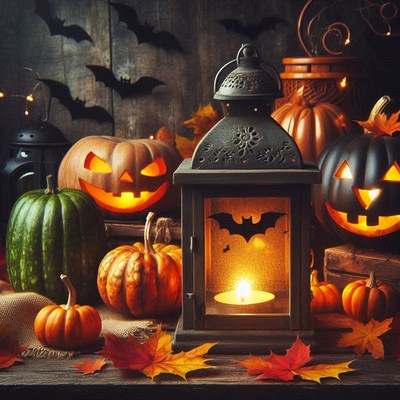 Jack-o'-lanterns and a bat lantern on a table