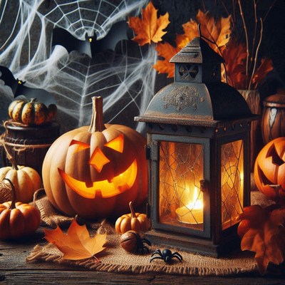A jack-o'-lantern and lantern on a rustic table